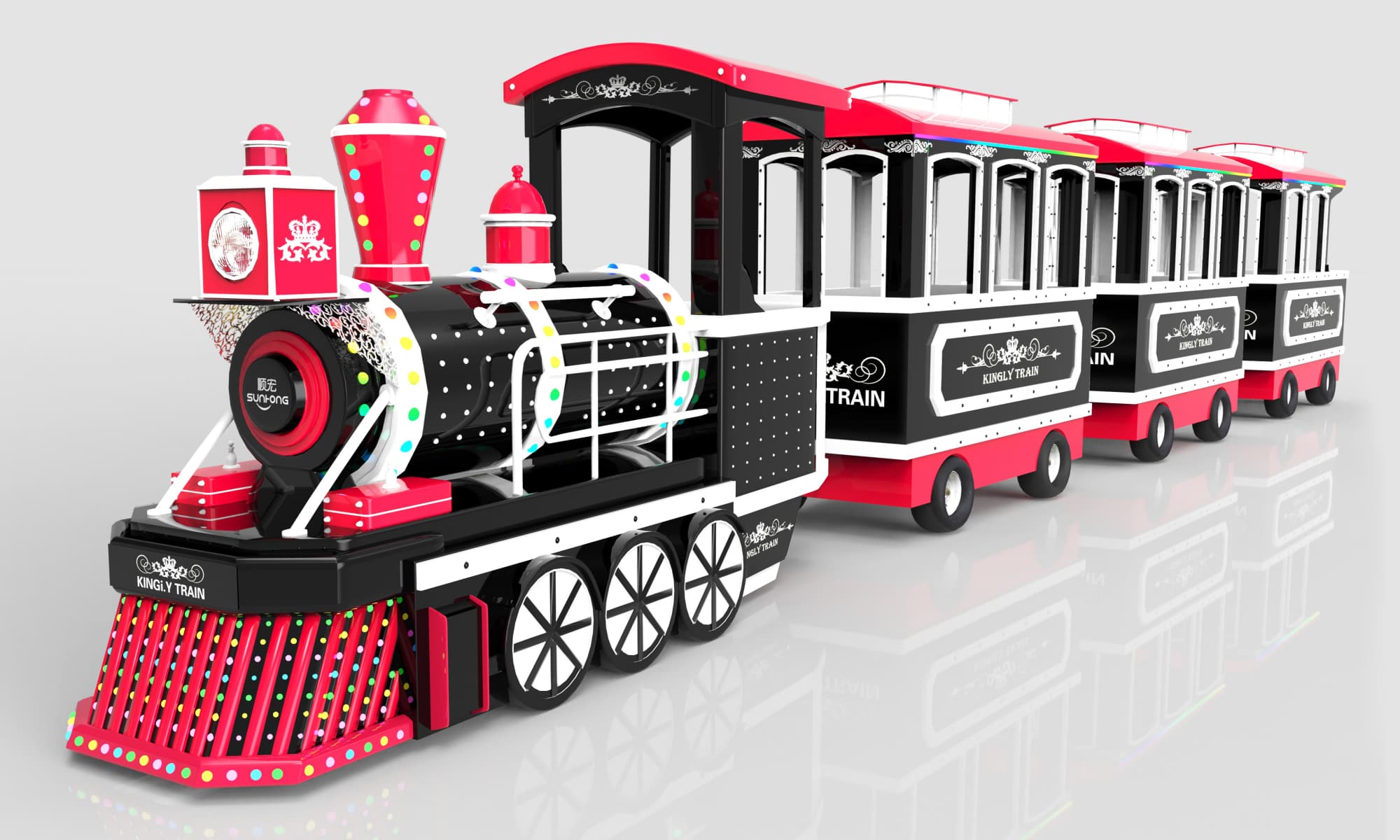 Tren eléctrico Kingly Mall en blanco y negro con decoraciones LED brillantes, un clásico paseo en tren eléctrico para niños y familias. - SUNHONG