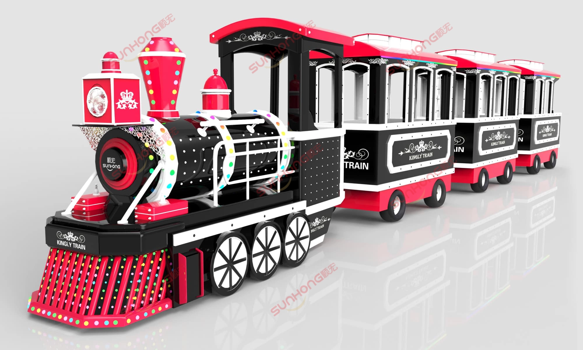 kingly-train-black-white-edition.jpg - SUNHONG 黑白相间的 Kingly 购物中心火车,配有明亮的 LED 装饰,是适合儿童和家庭的经典电动火车。 - SUNHONG
