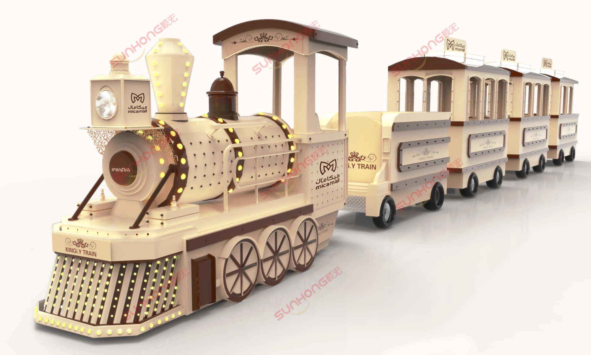 kingly-train-cream-retro-style.jpg - SUNHONG 奶油色和棕色的复古风格 Kingly 电动火车,非常适合在购物中心室内使用。 - SUNHONG