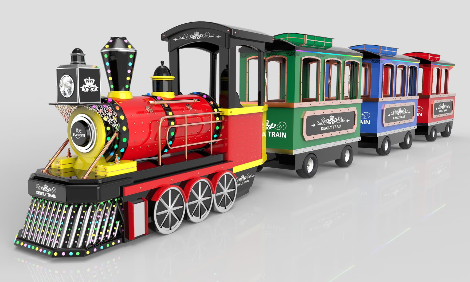 Tren real sin vías de color rojo y negro con vagones verdes, azules y rojos, adecuado para parques de atracciones y grandes centros comerciales. - SUNHONG