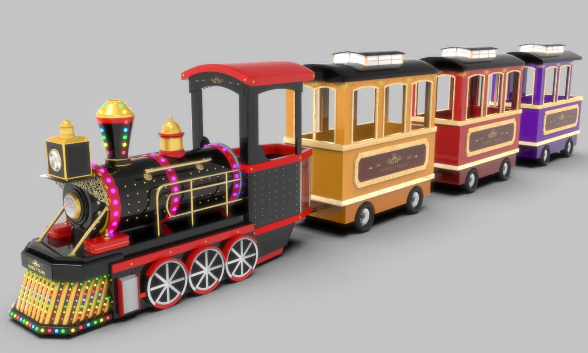 Tren Kingly vintage negro y dorado sin vías con vagones coloridos, diseñado para patios de juegos interiores o plazas al aire libre. - SUNHONG