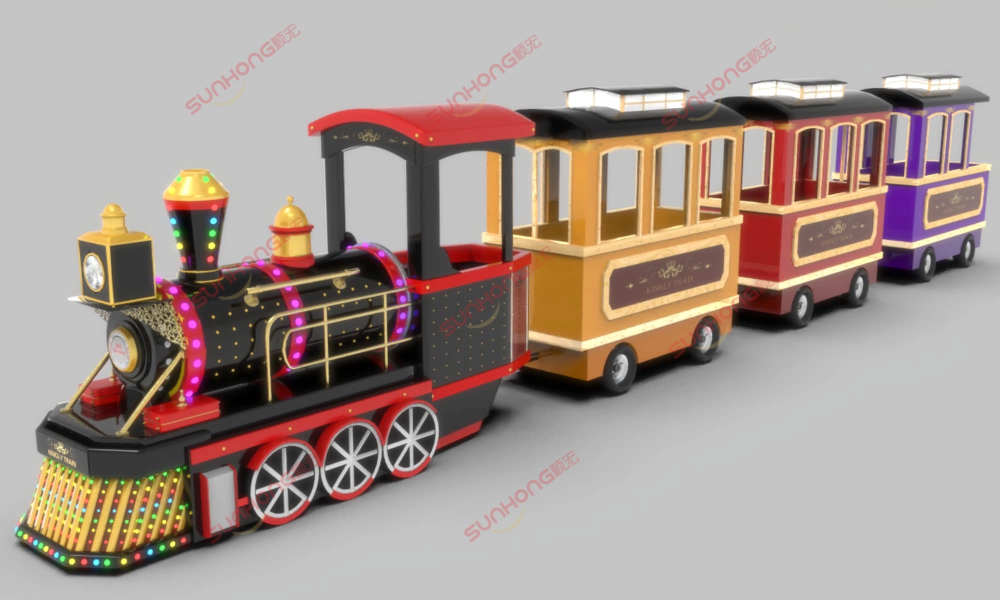 kingly-train-vintage-colorful-edition.jpg - SUNHONG 复古黑金色的无轨皇家火车,车厢色彩缤纷,专为室内游乐场或户外广场设计。 - SUNHONG