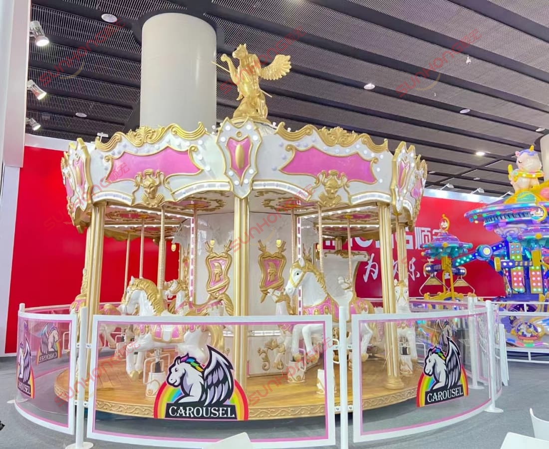 Knight-Sparta-12P-carousel-white-gold-pink-exhibition White, gold, and pink 12P Knight Sparta carousel on display at exhibition