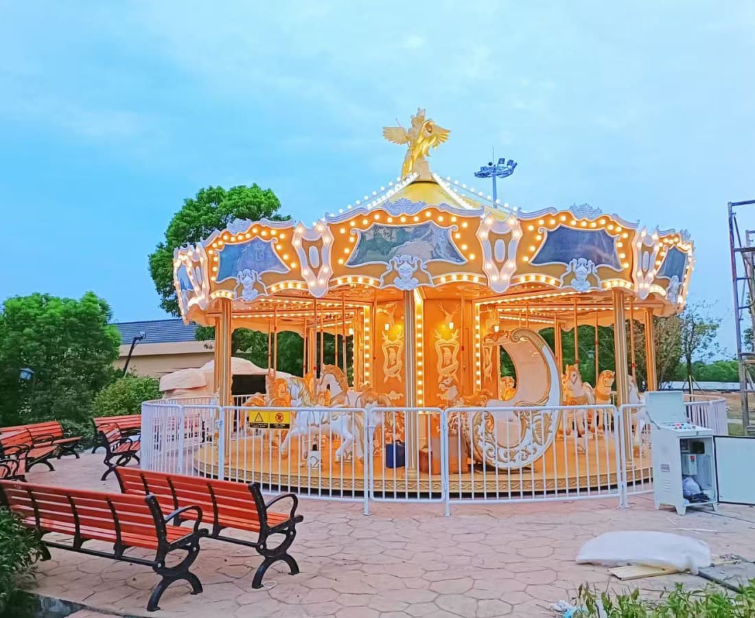 knight-sparta-carousel-24p-installation-community-park Knight Sparta 24-seat carousel horse ride for sale is being installed and tested at a community park site