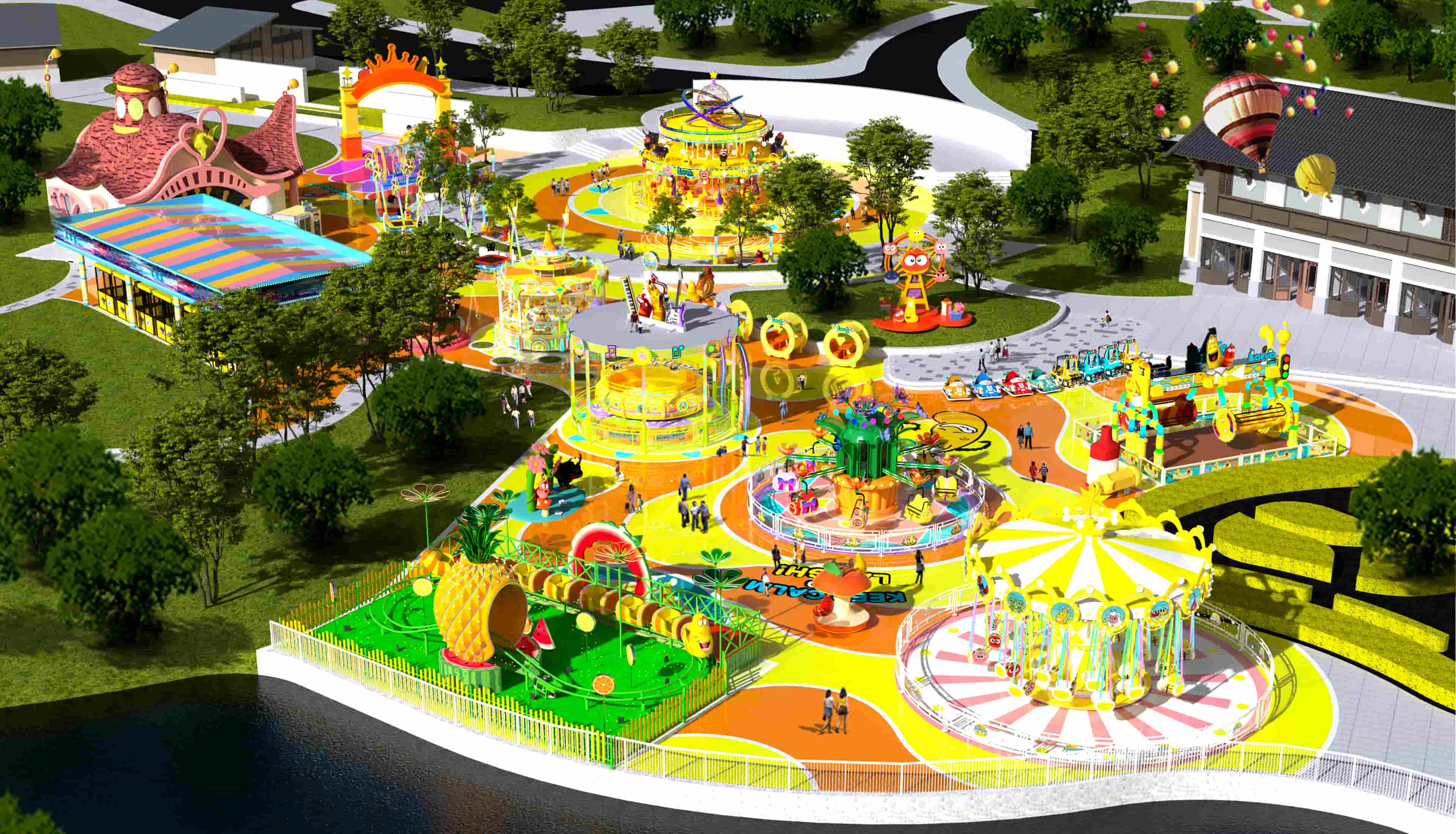 Концепция дизайна тематического парка «Ларва» на берегу озера, гармонично сочетающегося с природой и оснащенного новым аттракционом «Летающие кресла». Решения для тематического парка, гармонично сочетающие аттракционы с природными ландшафтами. - SUNHONG