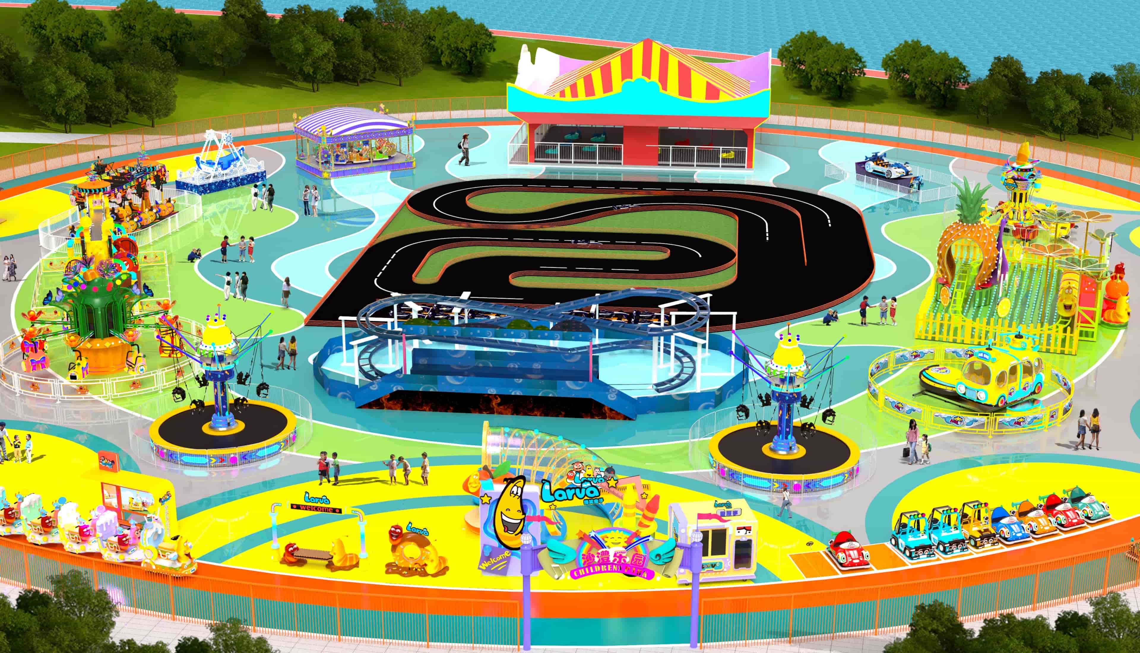 Прототип парка развлечений «Ларва» с центральной гоночной трассой, окружённой аттракционами в стиле «Ларва». Решения для тематического парка, обеспечивающие динамичный и насыщенный отдых для посетителей. — SUNHONG