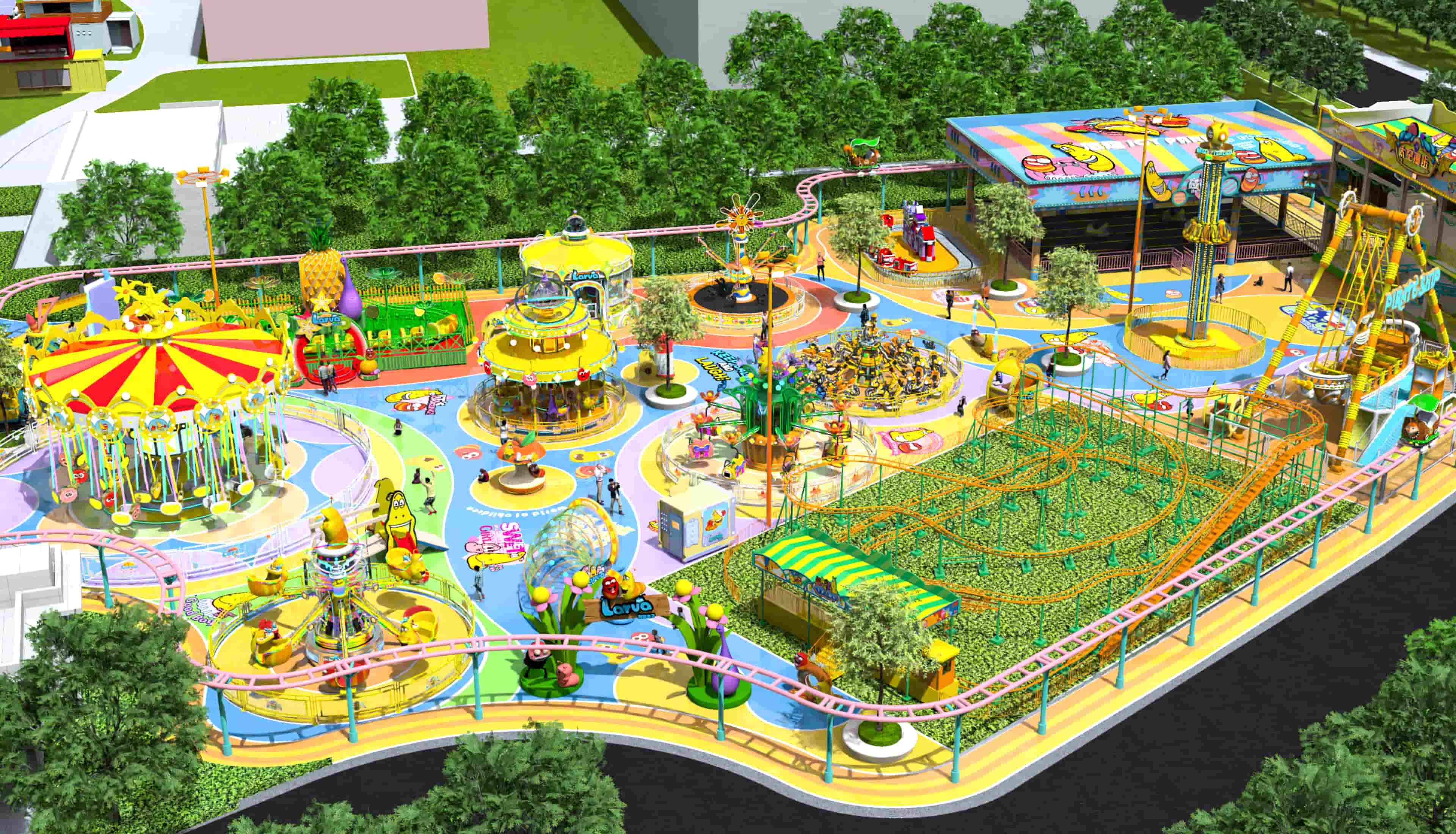 Проект тематического парка с торговым центром в стиле «Ларва» и двумя захватывающими американскими горками. Решения для тематического парка, сочетающие развлечения, торговлю и захватывающие аттракционы, создают у посетителей незабываемые впечатления. — SUNHONG