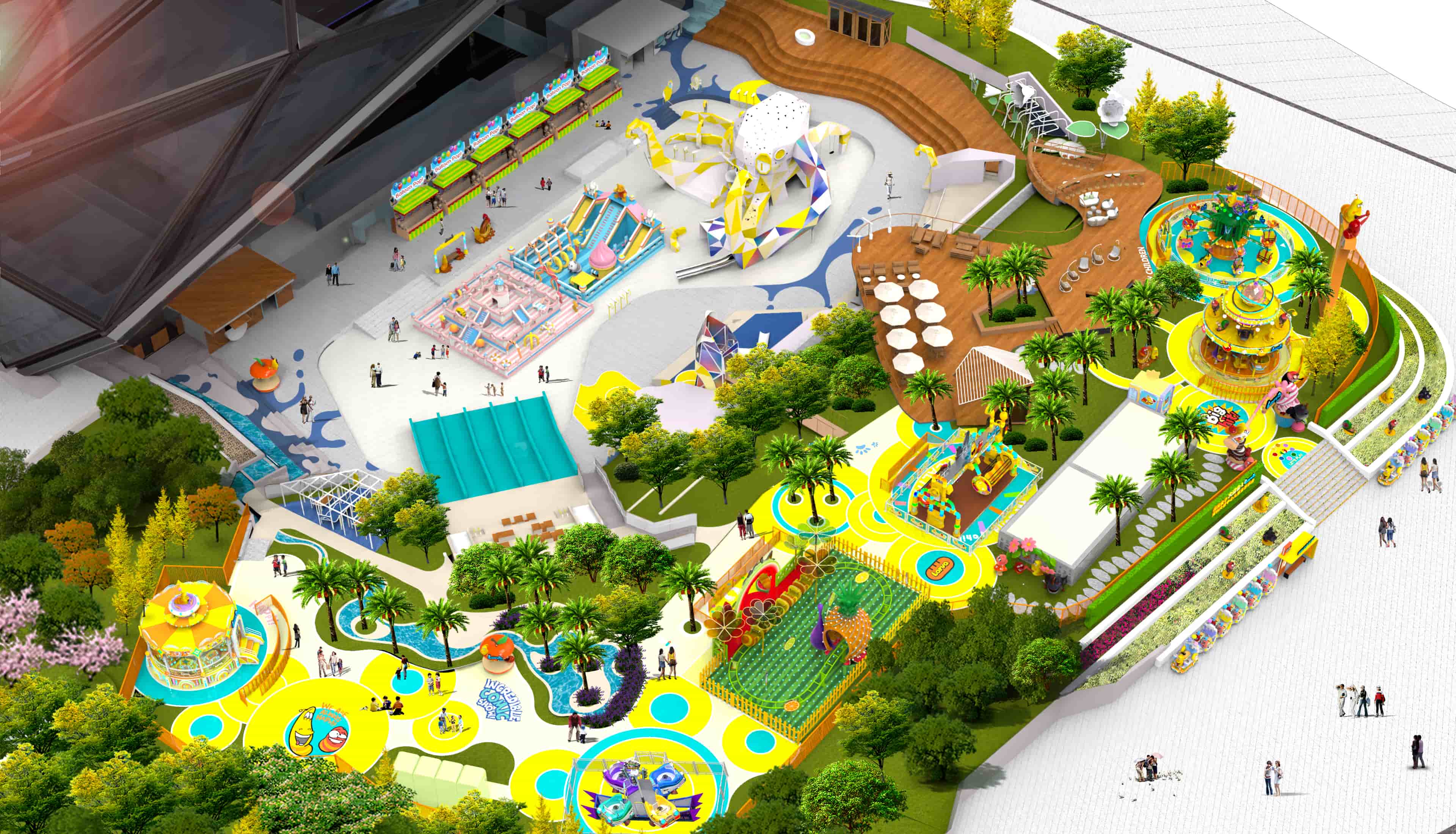 Концепция парка развлечений в стиле «Ларва» на территории спортивной арены, включающего шесть аттракционов «Ларва» и интегрированный аквапарк. Тематические решения, сочетающие захватывающие аттракционы и водные развлечения в яркой спортивно-развлекательной среде. - SUNHONG