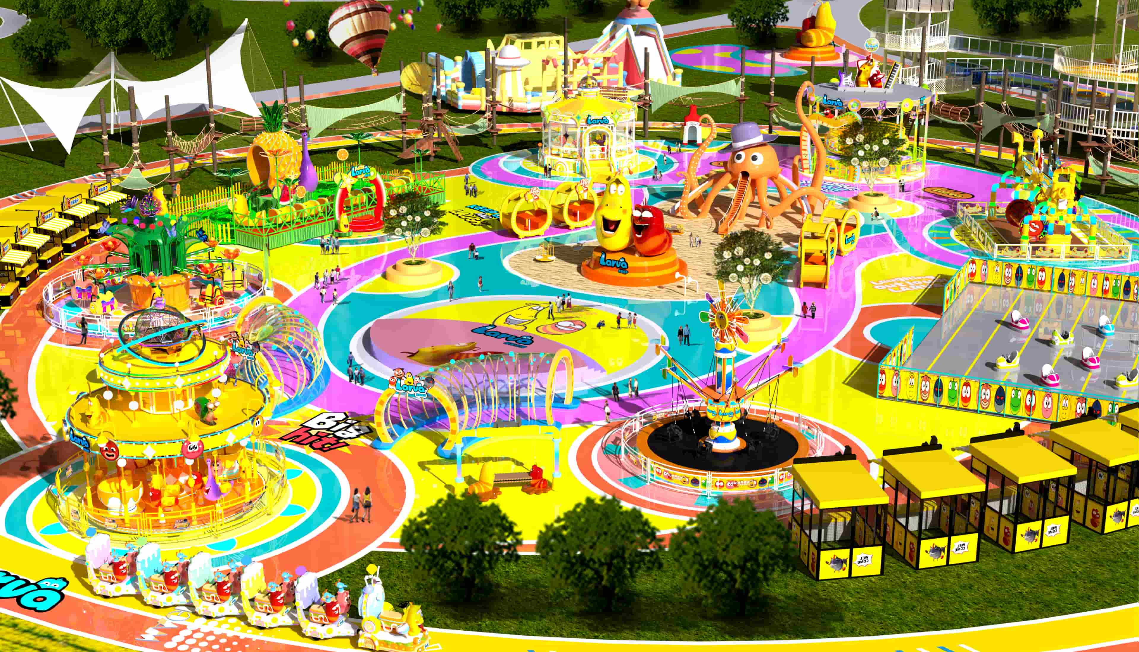 Концепция дизайна тематического парка Larva с круговой планировкой, интегрированными аттракционами и коммерческими помещениями. Решения для тематического парка, сочетающие развлечения и торговлю, создают уникальный опыт для посетителей. - SUNHONG