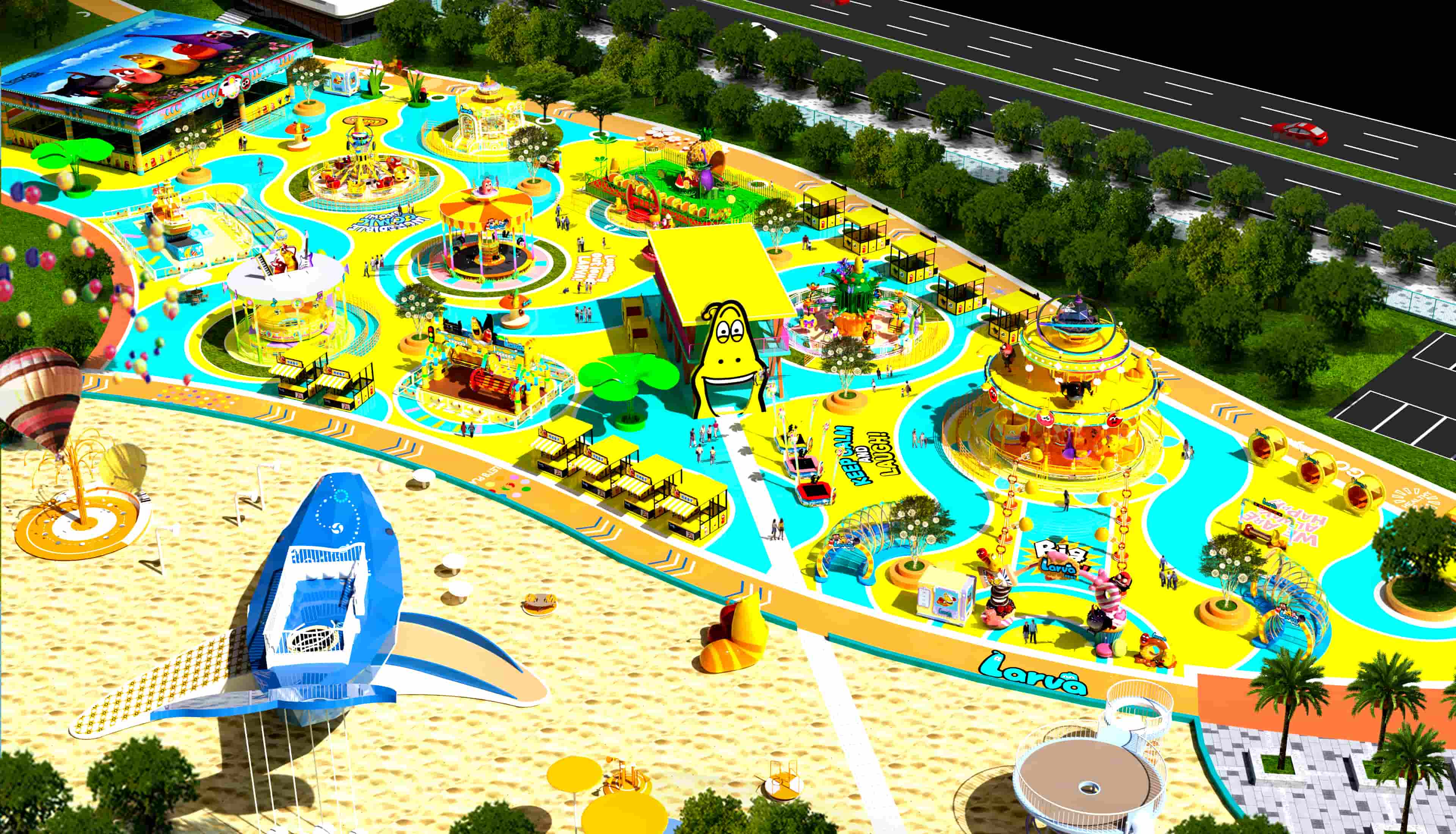 Концепция дизайна тематического парка «Ларва» с искусственным пляжем и аттракционом «Ларва-карусель». Решения для тематического парка, сочетающие в себе расслабляющие пляжные зоны и увлекательные семейные аттракционы. - SUNHONG