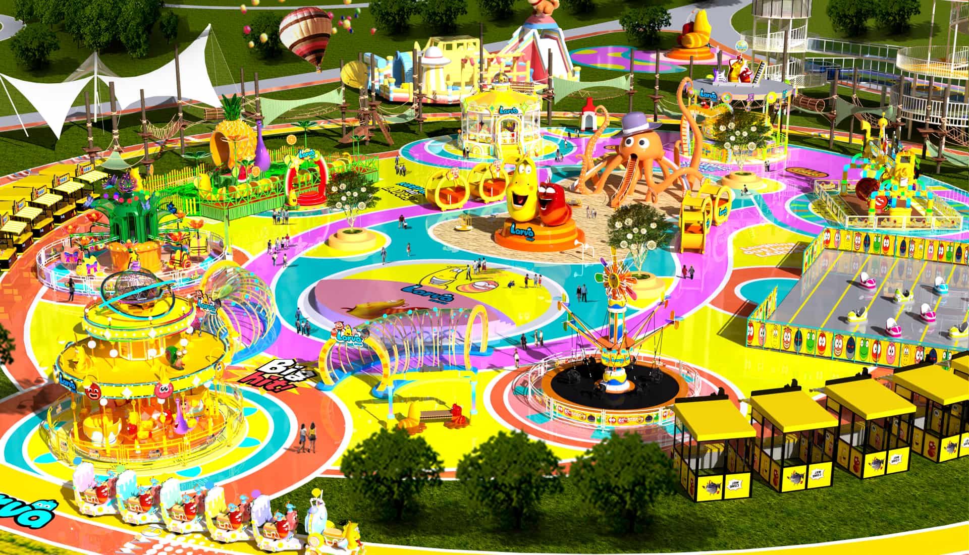 Circular layout design of Larva Amusement Park, featuring themed attractions and park planning by SUNHONG Design. - SUNHONG