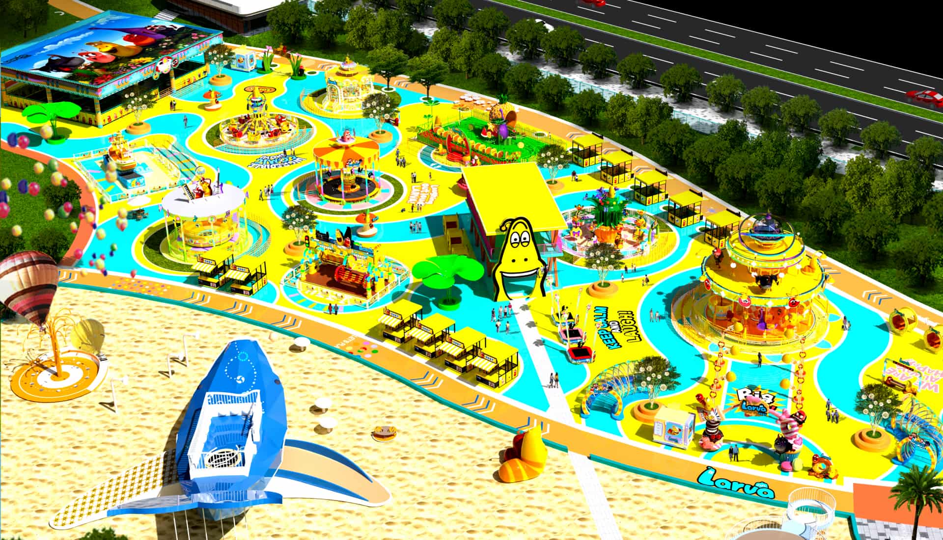 Theme park layout of Larva Amusement Park, featuring an artificial beach and various attractions, designed by SUNHONG Design. - SUNHONG