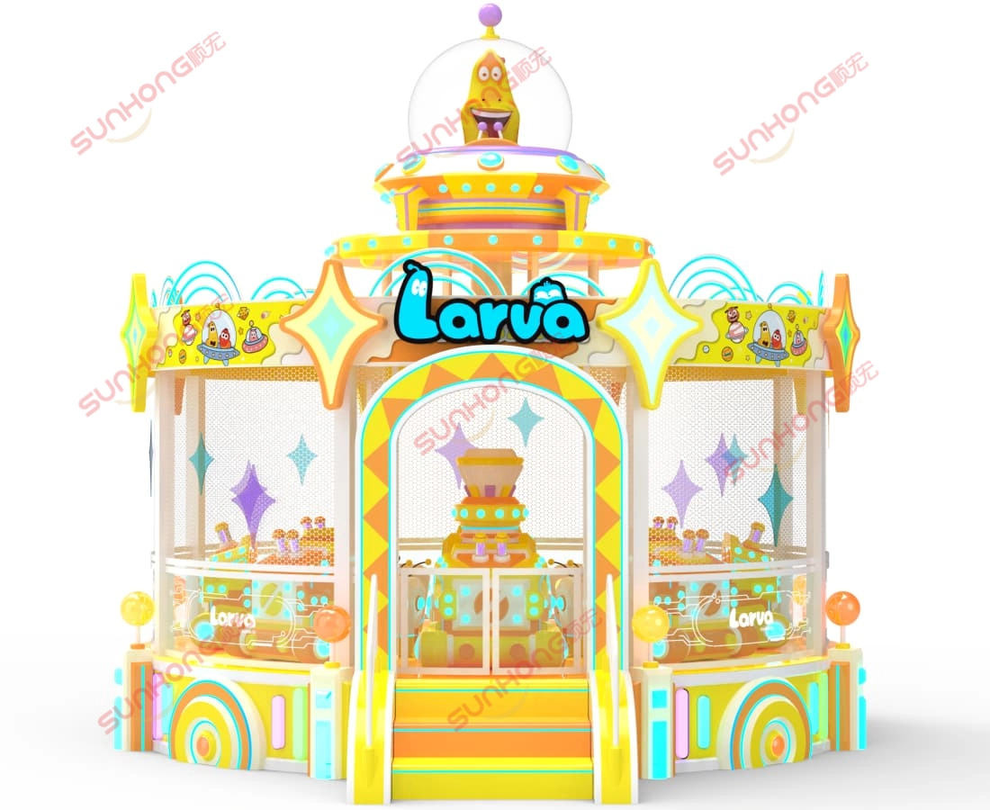 幼虫球射击3D正面图 - SUNHONG 幼虫球射击游乐设施的 3D 正面视图,展示了以幼虫为主题的座椅和中心结构。 - SUNHONG