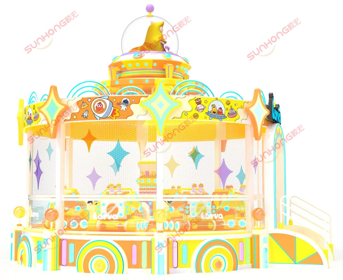 larva-ball-shooting-3d-side-view Pandangan sisi 3D bagi perjalanan menembak Larva Ball, menunjukkan trek bulat dan susun atur tempat duduk.