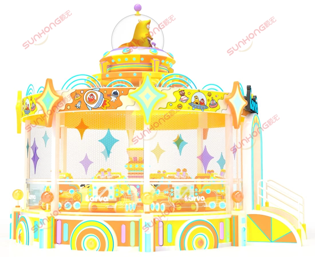 幼虫球射击3D侧视图 - SUNHONG 幼虫球射击游乐设施的 3D 侧视图,展示了环形轨道和座位布局。 - SUNHONG