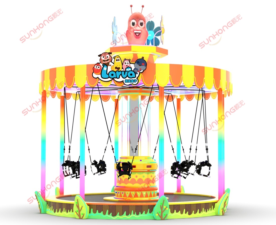 larva-bungee-party-3d-white-background Paparan 3D perjalanan trampolin Parti Larva Bungee dengan latar belakang putih, menunjukkan struktur lompat bungee 8 tempat duduk.