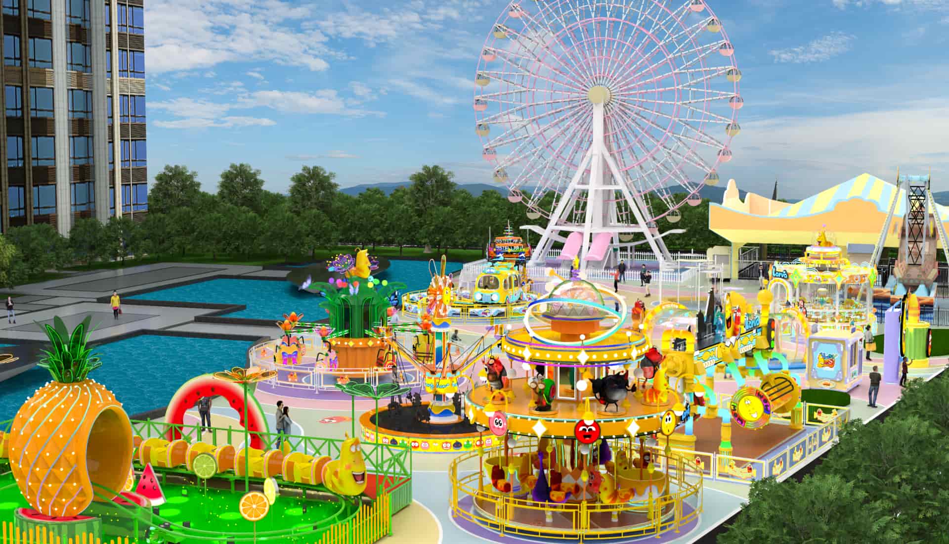 Theme park layout of Larva Commercial Resort, featuring a Ferris wheel and various attractions, designed by SUNHONG Design. - SUNHONG