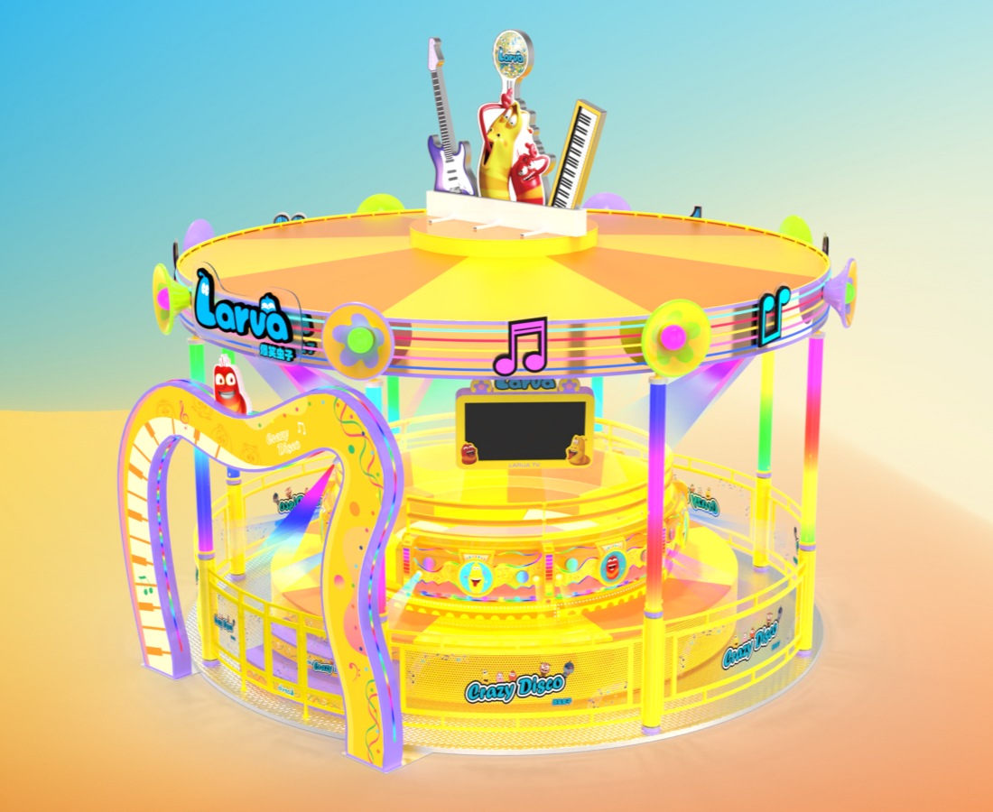 رسم تصميمي لـ Larva Disco Tagada، منظور ثلاثي الأبعاد مع خلفية ملونة. - SUNHONG