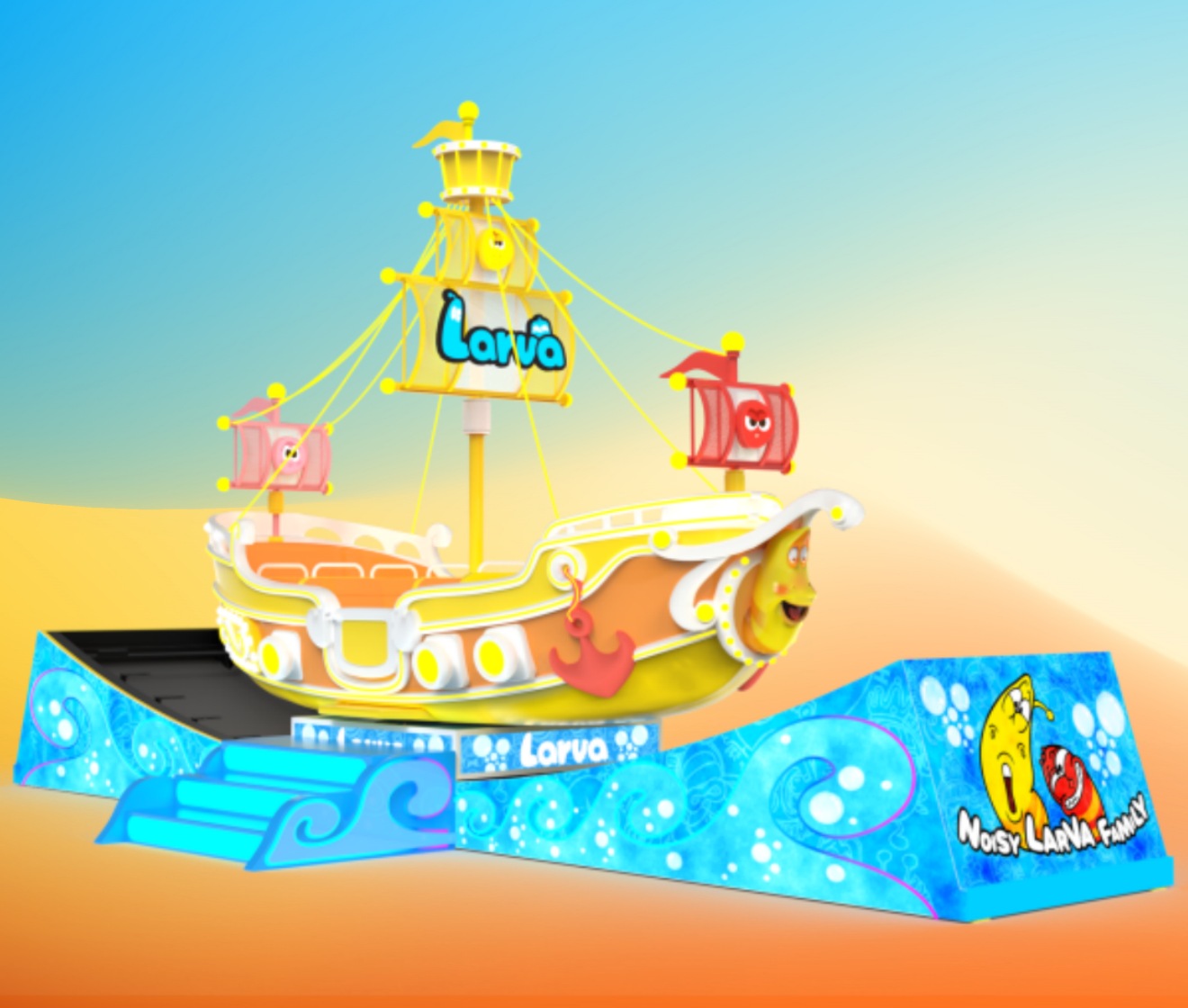 Design of the Larva Drifting pirate ship swing ride, showcasing the full ride structure with a red gradient background, featuring a 360° swing and spin for theme parks. - SUNHONG