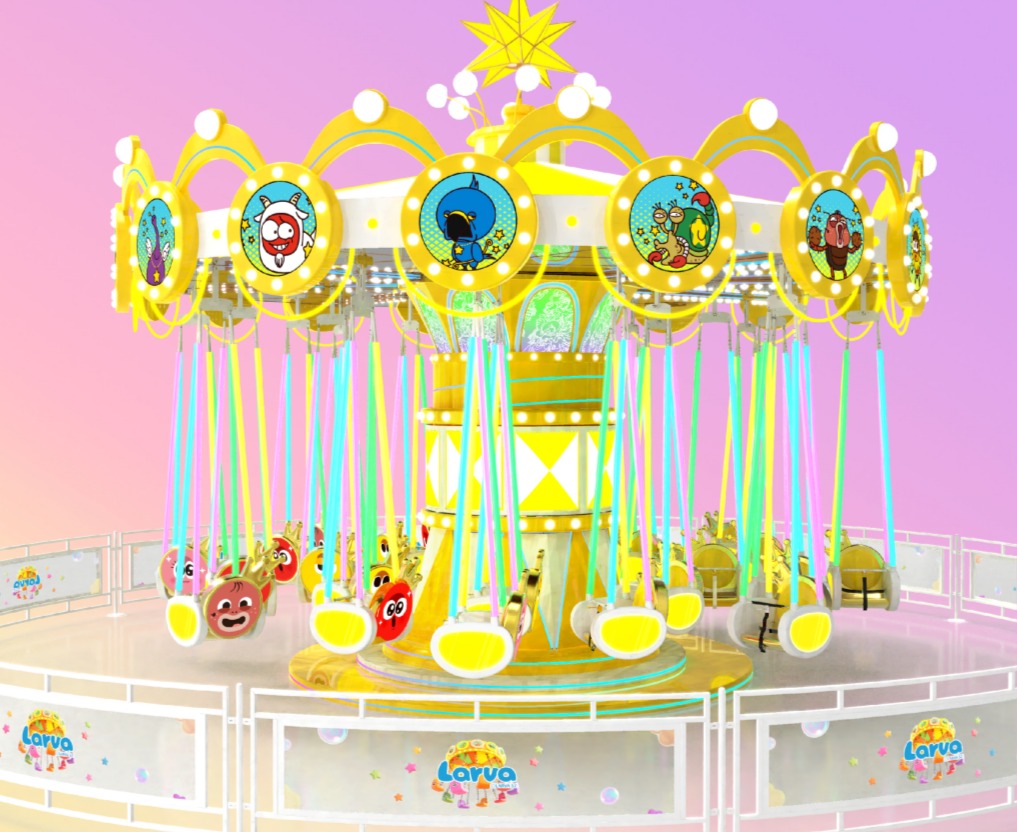 Design drawing of the Larva Flying Chair ride with a purple gradient background. - SUNHONG