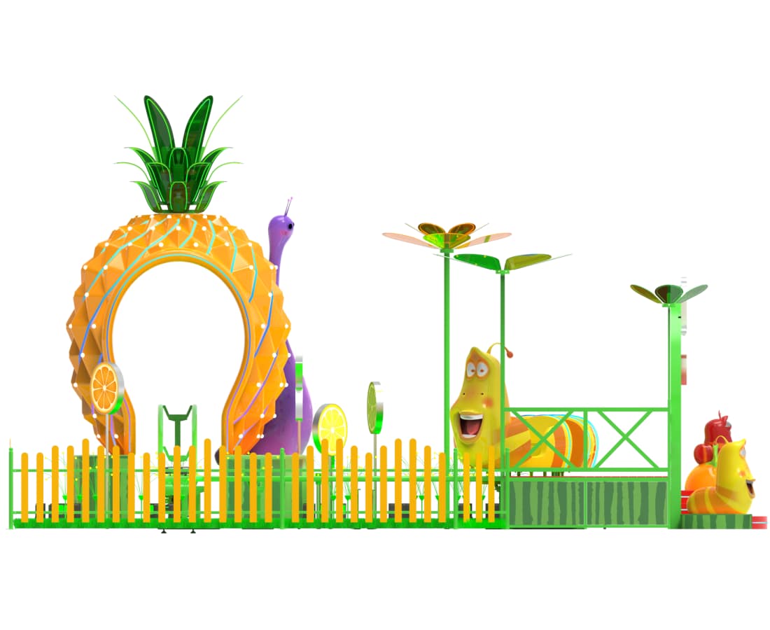 Front 3D view of Larva Fruitland mini roller coaster, themed after the Larva animated series. - SUNHONG