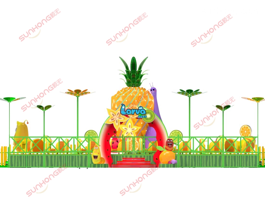 幼虫水果乐园迷你过山车3D侧角 - SUNHONG 完整的 Larva Fruitland 迷你过山车装置的侧面 45 度 3D 视图。 - SUNHONG