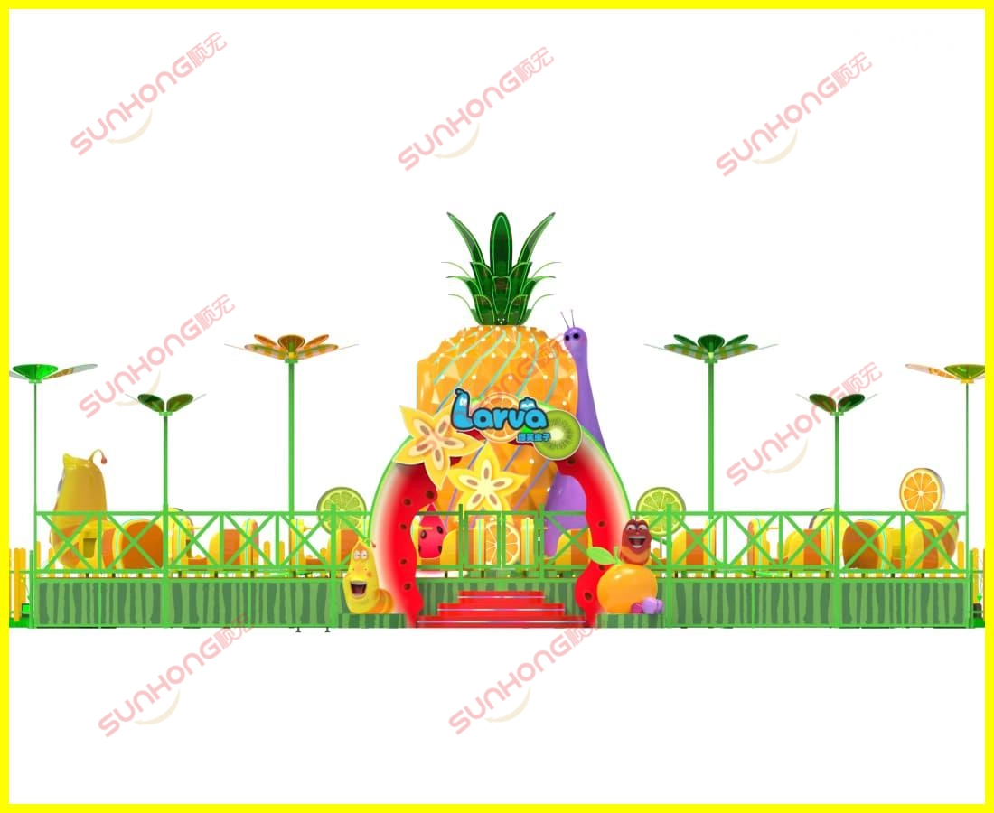 幼虫水果乐园迷你过山车3D侧角 - SUNHONG 完整的 Larva Fruitland 迷你过山车装置的侧面 45 度 3D 视图。 - SUNHONG