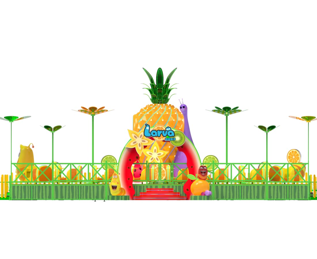 Side 45-degree 3D view of the complete Larva Fruitland mini roller coaster setup. - SUNHONG
