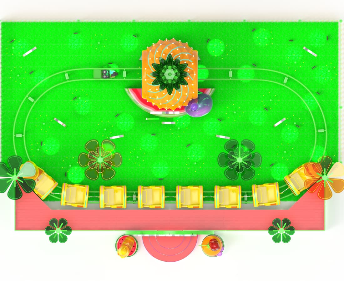 Top-down 3D render of Larva Fruitland mini roller coaster with fruit farm layout. - SUNHONG