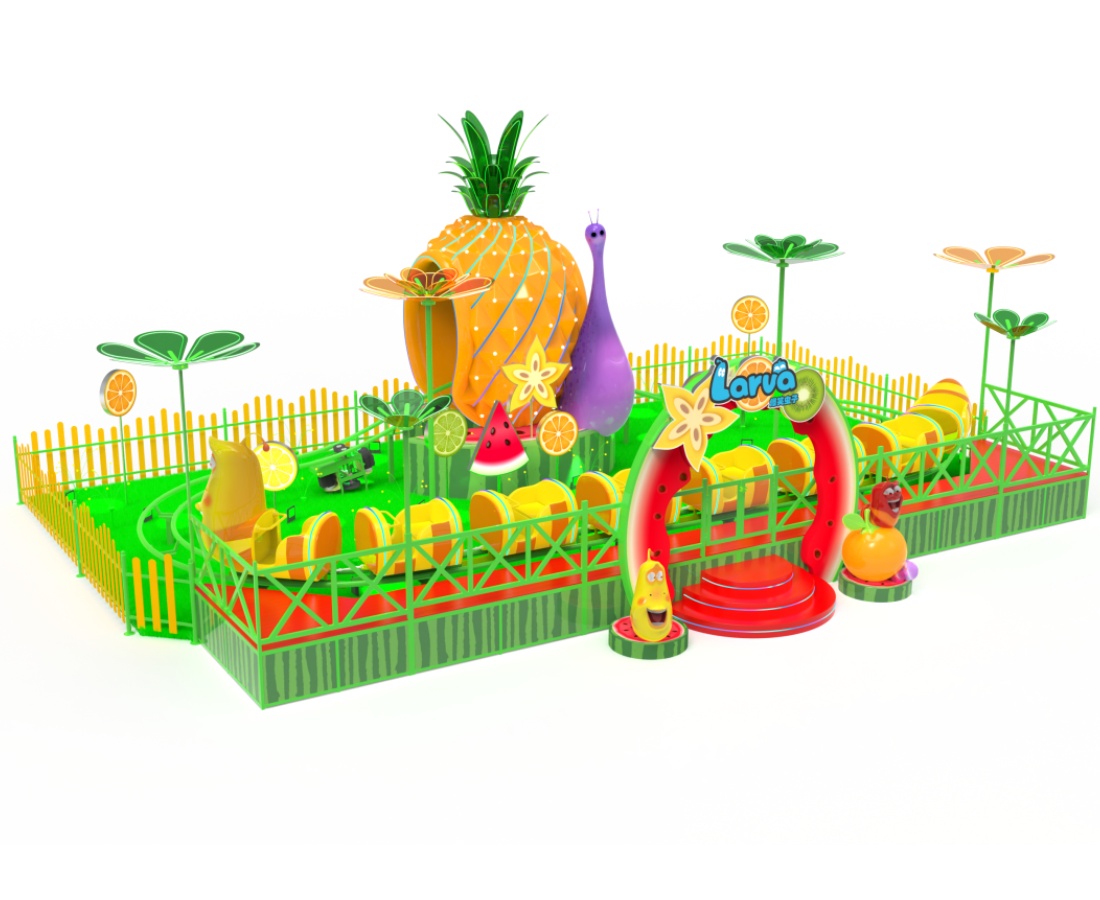 45-degree side view of the full Larva Fruitland mini roller coaster, showing complete track and design. - SUNHONG