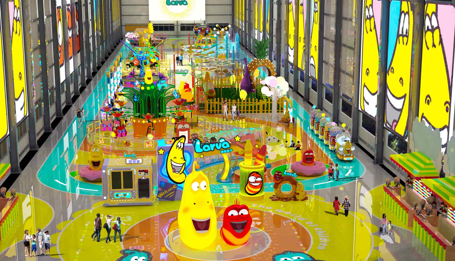 Indoor immersive theme park layout of Larva Amusement Park, featuring themed environments and attractions, designed by SUNHONG Design. - SUNHONG