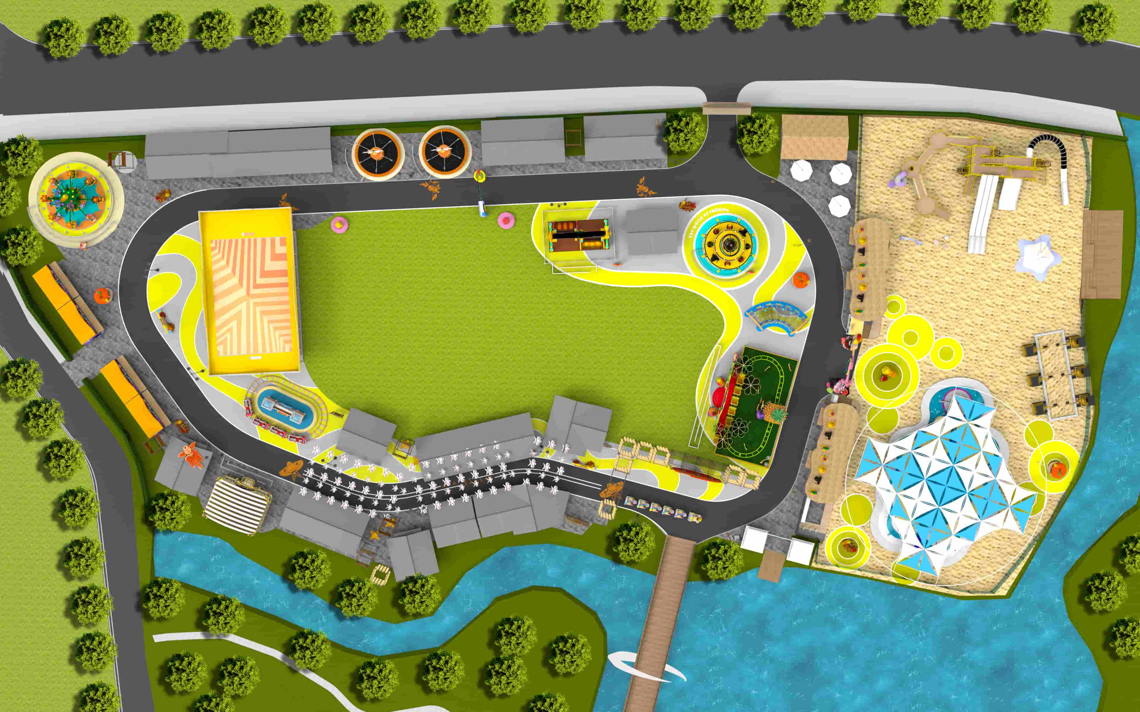 Larva IP amusement park layout plan in cultural town outdoor theme park with ride zones and pathways | amusement park layouts and theme park project ideas - SUNHONG