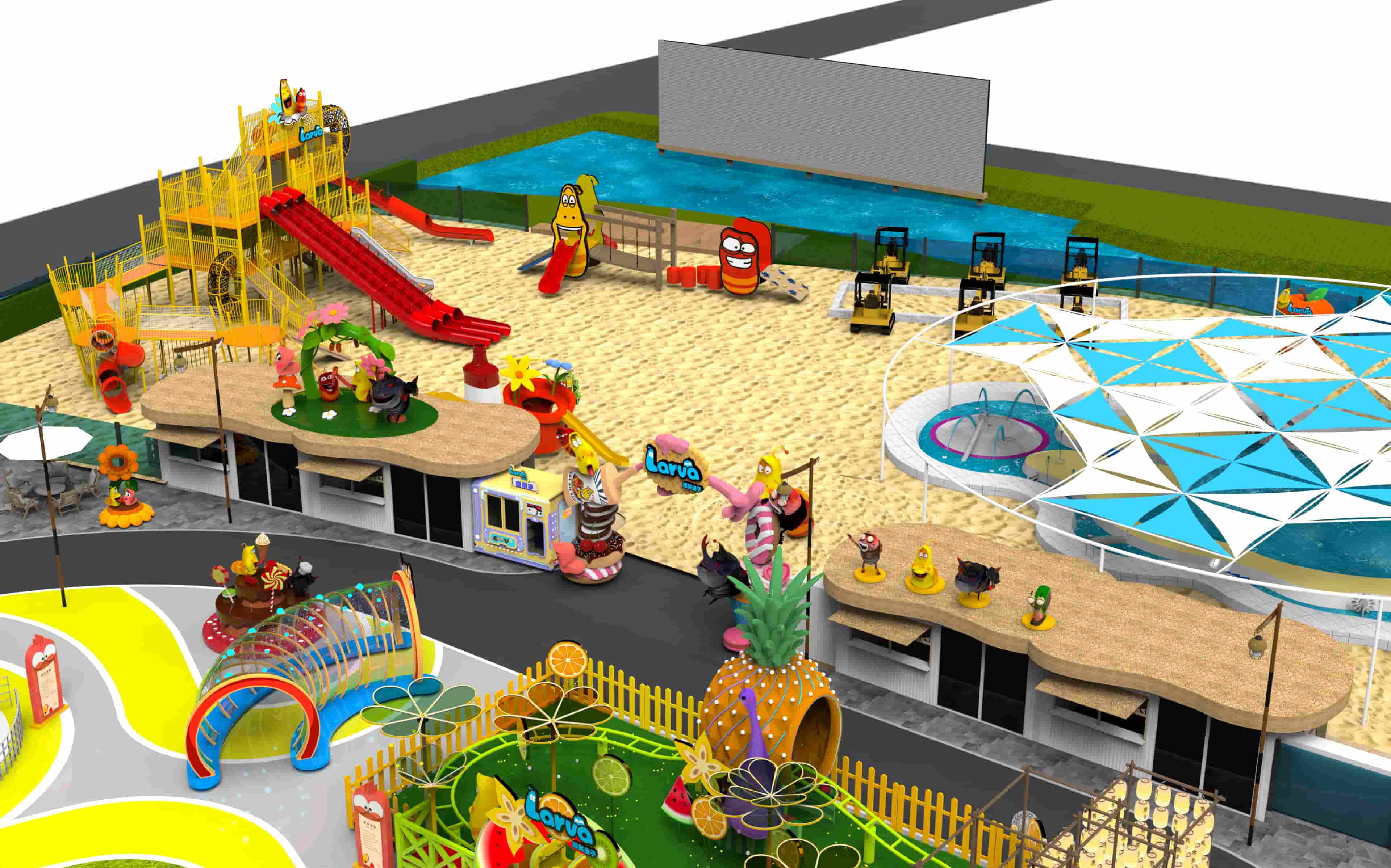 Larva IP theme park design ideas in cultural town outdoor amusement park with slides, pool, and customized rides | theme park design ideas and amusement park layout design - SUNHONG