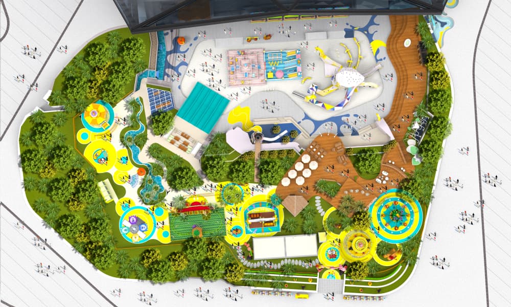 Top view of Larva IP theme park layout design PDF with amusement park rides outside stadium | theme park layout ideas and amusement park design - SUNHONG