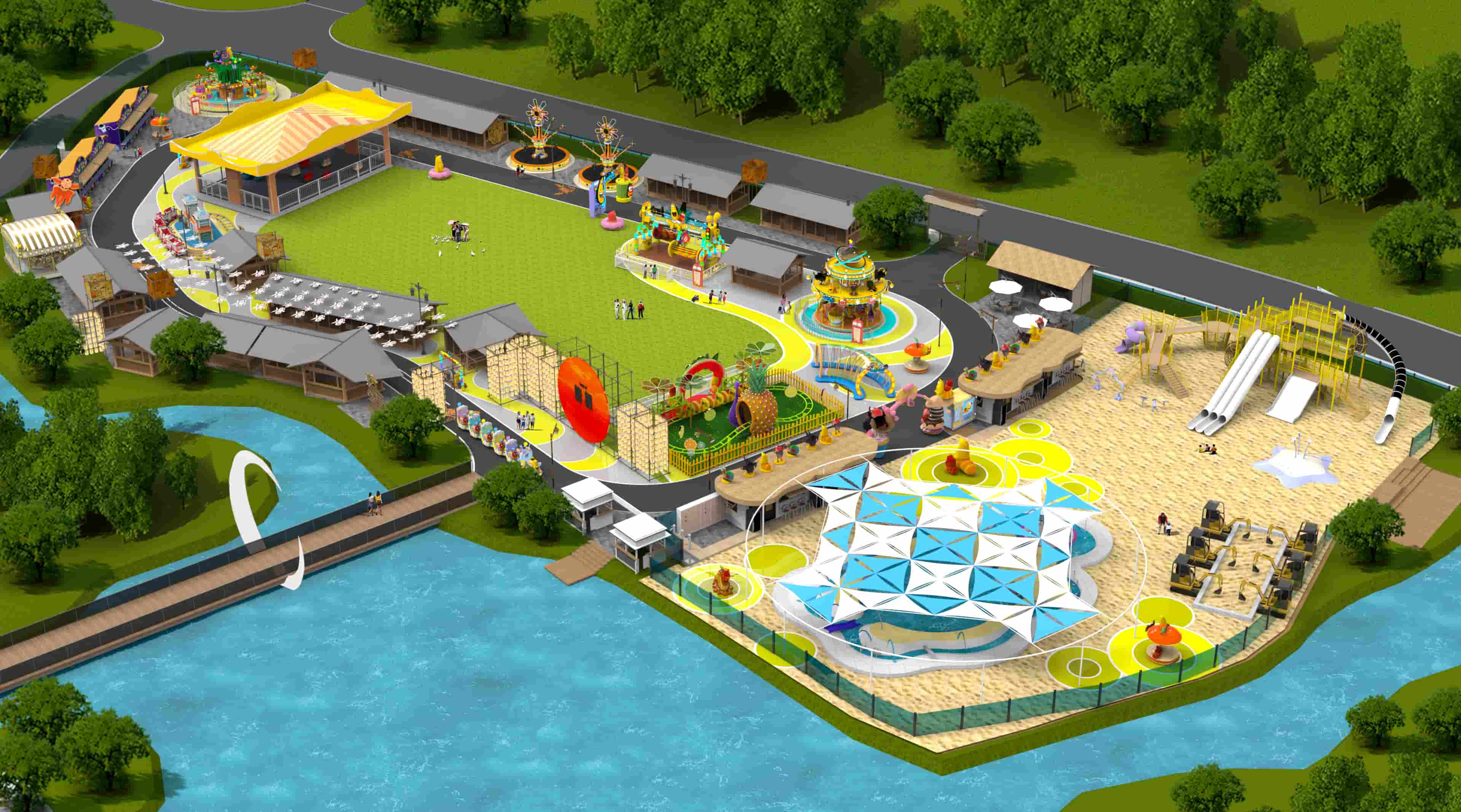 Bird view of Larva IP theme park map layout in cultural town with outdoor amusement park rides and activity areas | theme park map layout and amusement park project design - SUNHONG