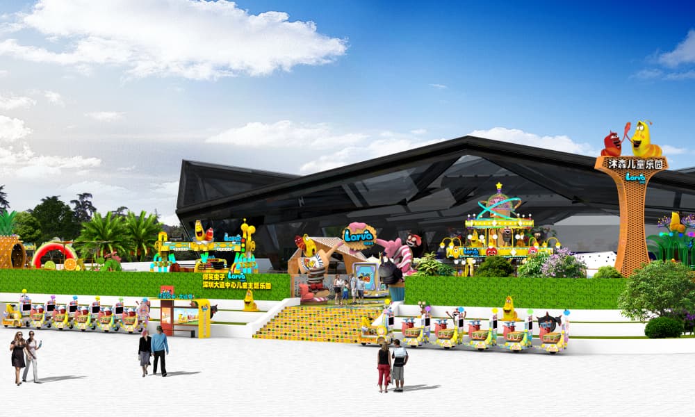 Front view of the Larva IP amusement park outside stadium entrance with themed rides and signage | amusement park layouts and theme park project ideas - SUNHONG