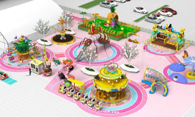 Representação aérea em três ângulos do Parque Temático Comunitário Larva Outdoor — projeto criativo de layout de parque temático. - SUNHONG