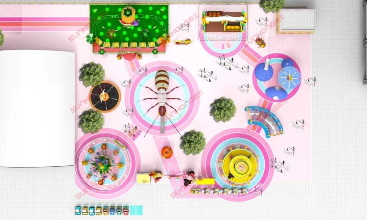 larva-outdoor-community-theme-park-aerial-view.jpg - SUNHONG Aerial view rendering of Larva Outdoor Community Theme Park — overall amusement park layout design. - SUNHONG