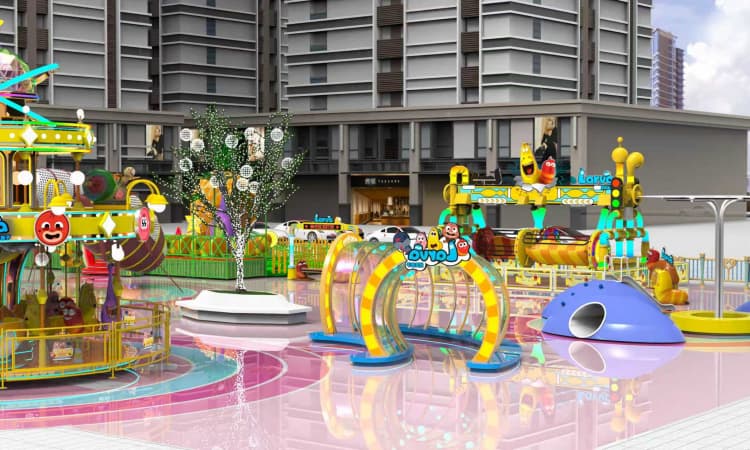 Renderização da vista traseira do Parque Temático Comunitário Larva Outdoor — projeto de layout de parque de diversões imersivo - SUNHONG