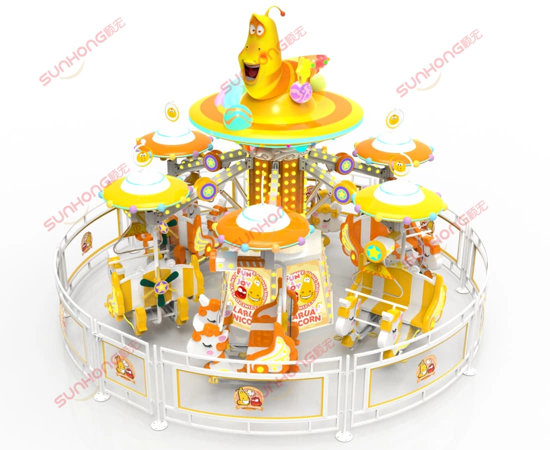 ركوبة ترفيه بدواسات دوارة على شكل وحيد القرن مع يرقات.jpg - SUNHONG الزاوية العلوية من لعبة Larva Pedal Spin الترفيهية للأطفال ذات الطابع أحادي القرن والتي يتم التحكم بها بواسطة دواسة - SUNHONG