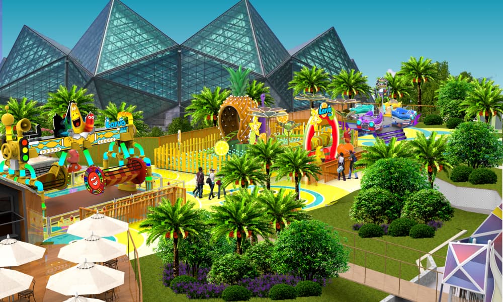 Larva Swing and Larva Fruitland amusement park rides in stadium theme park layout | amusement park layout design and theme park project ideas - SUNHONG