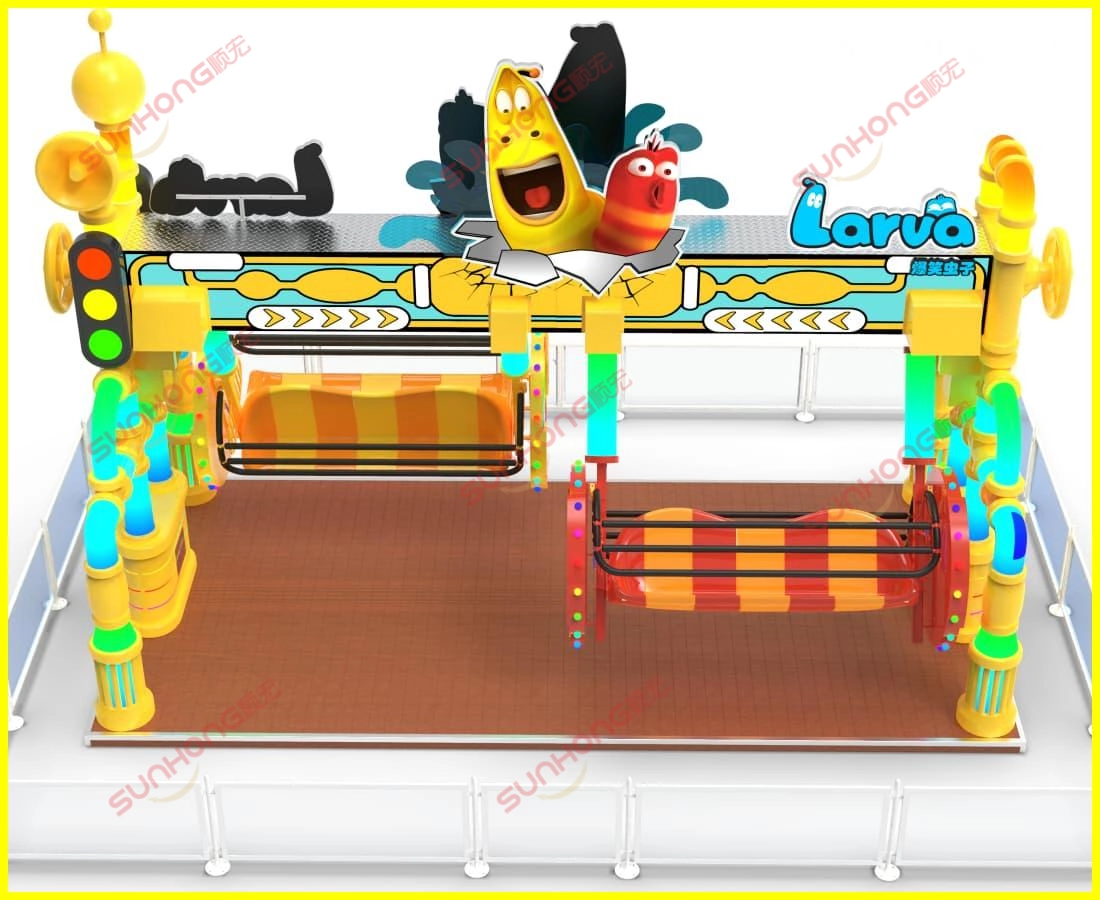 larva-swing-ride-for-sale-3d-depan-view - SUNHONG Pandangan hadapan paparan 3D tunggangan Larva Swing, menyerlahkan reka bentuk dan tema mesra keluarga. - SUNHONG