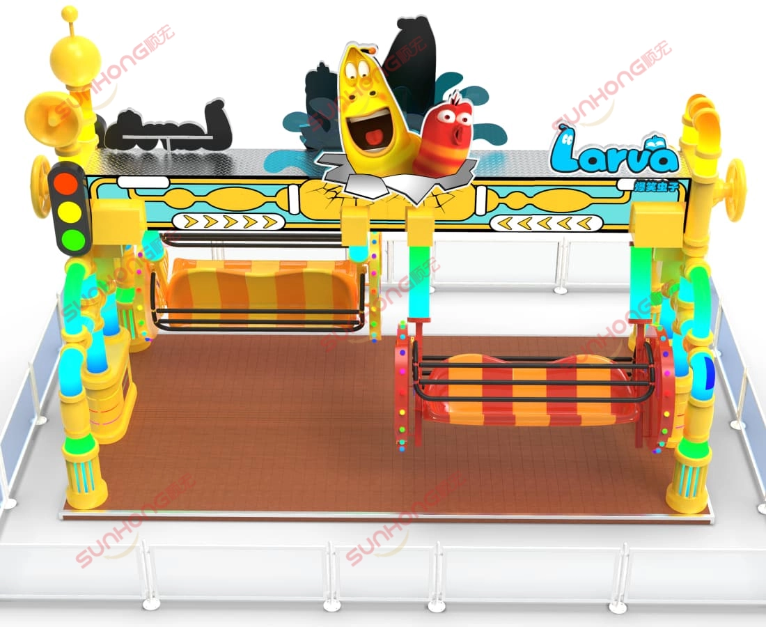 Balançoire Larva à vendre (vue de face 3D) - SUNHONG Vue de face du rendu 3D du manège Larva Swing, mettant en valeur le design et le thème familial. - SUNHONG