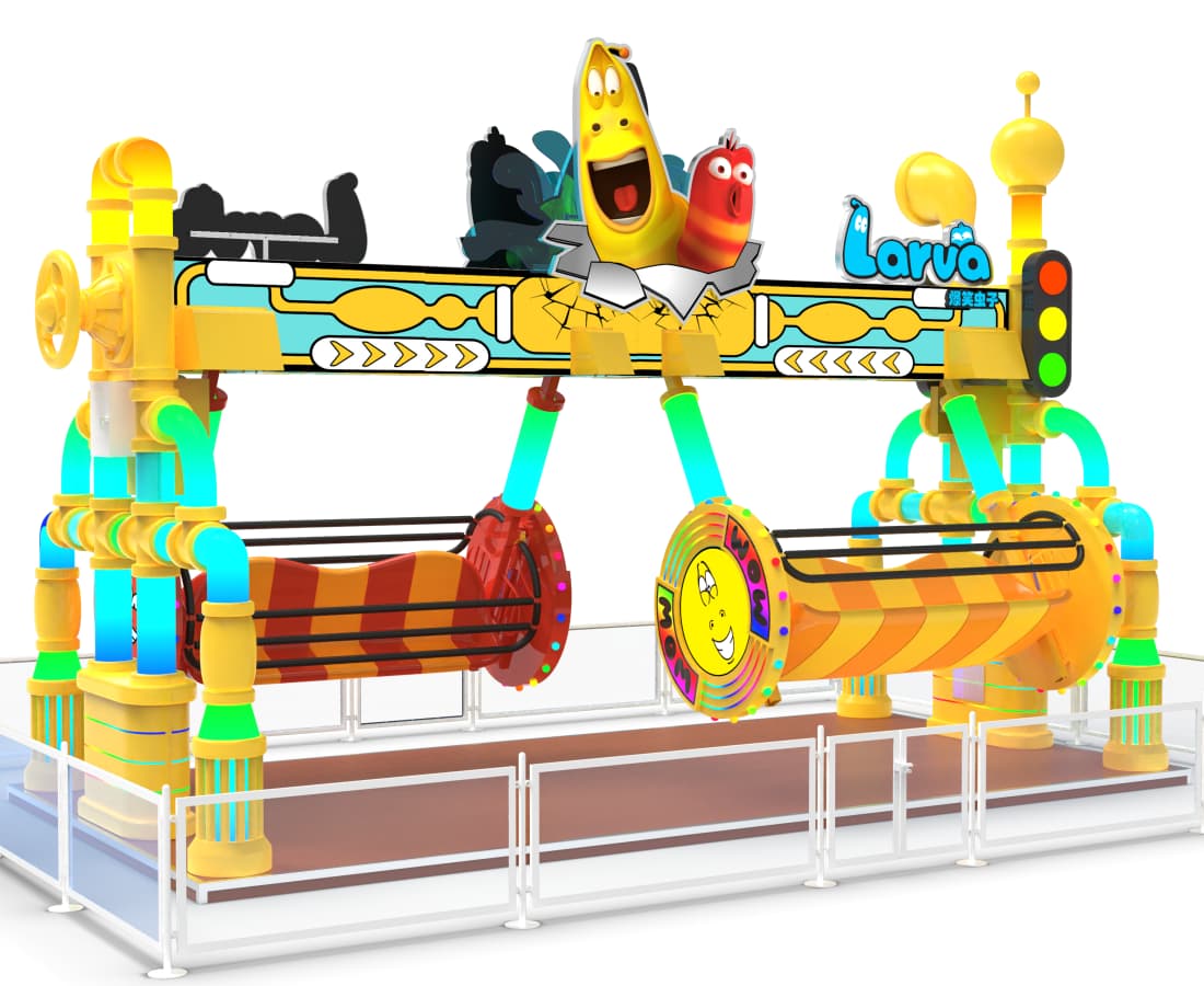 Left-side close-up of the Larva Swing ride 3D model, featuring animated character details. - SUNHONG