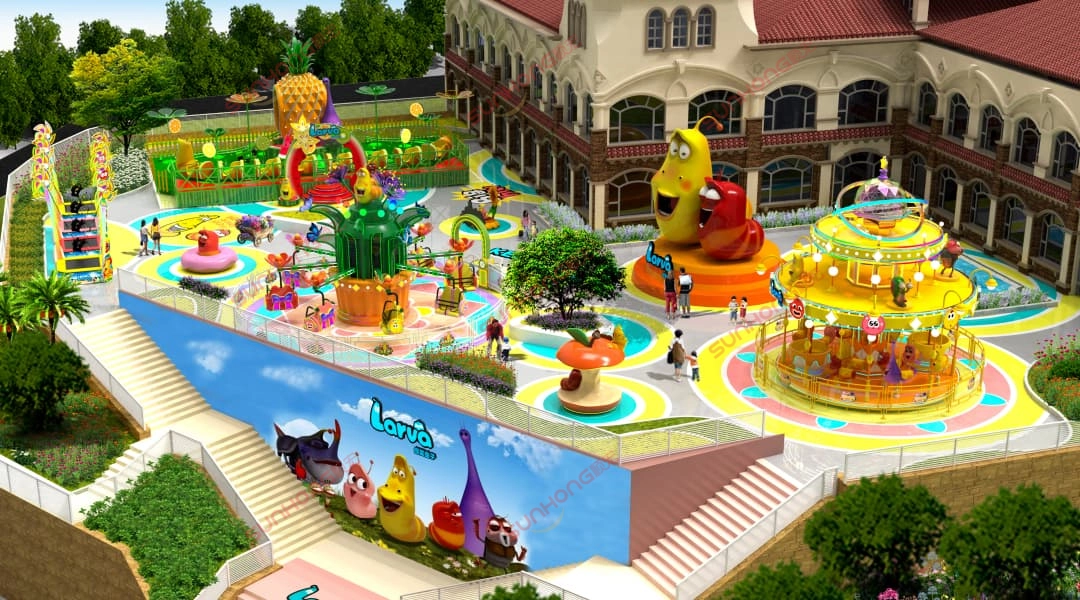 Larva-Theme-Park-3D-Design-Manor - SUNHONG 3D design of a Larva-themed amusement park set within a manor-style environment. - SUNHONG