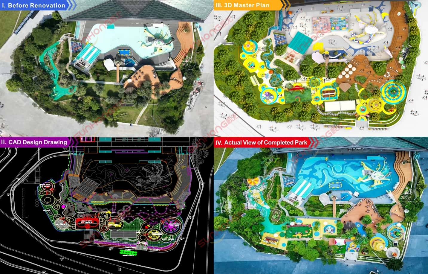 larva-theme-park-design-comparison-before-after.jpg - SUNHONG Design evolution of Larva-themed amusement park near stadium – before renovation, CAD layout, 3D master plan, and final completed view - SUNHONG