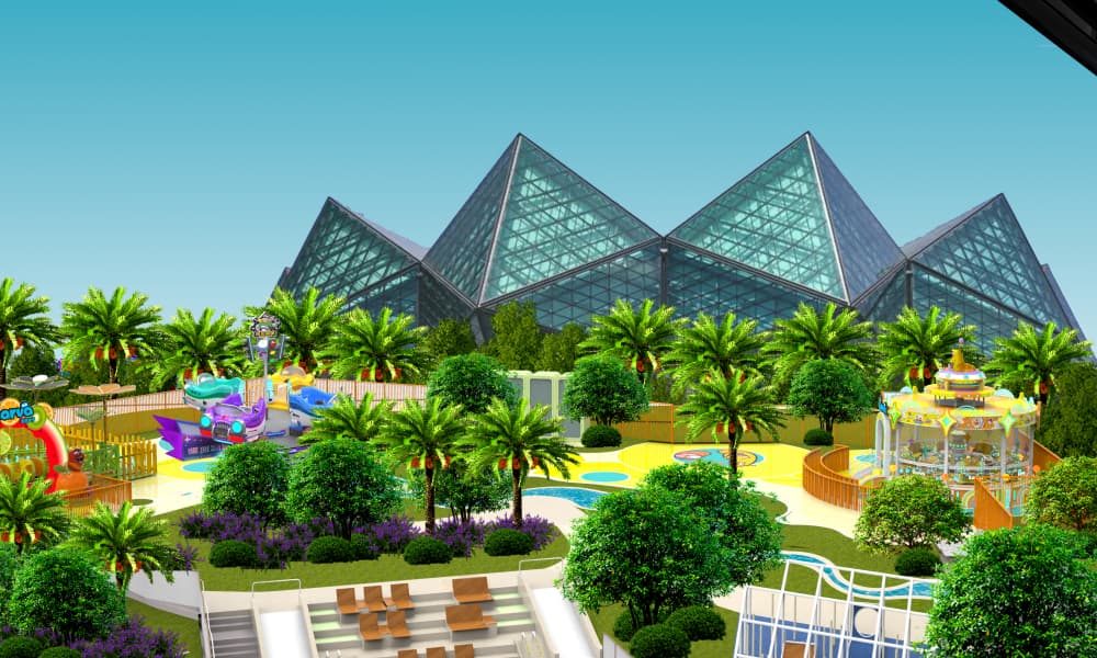 Larva IP theme park layout outside stadium with carousel and amusement park rides | theme park layout ideas and amusement park project design - SUNHONG