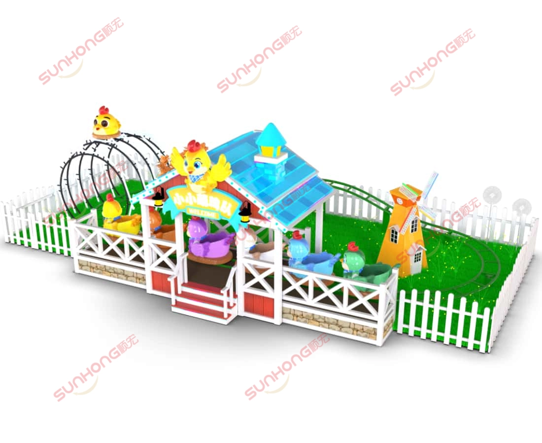 little-chicken-kiddie-coaster-farm-style - SUNHONG Farm-themed mini roller coaster ride for kids with chicken-shaped cabins and colorful setup - SUNHONG