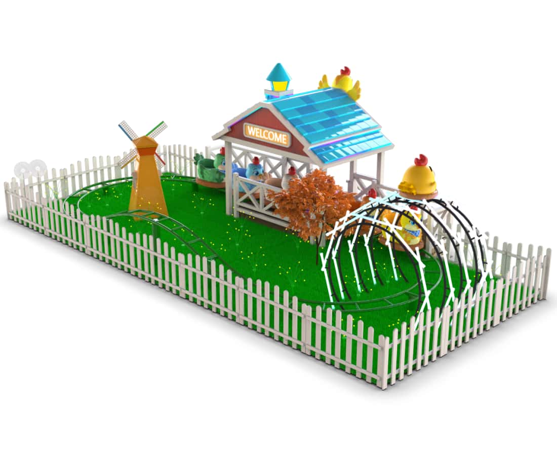 Little Chicken Team kiddie coaster ride with windmill and curved track in fenced green playground - SUNHONG