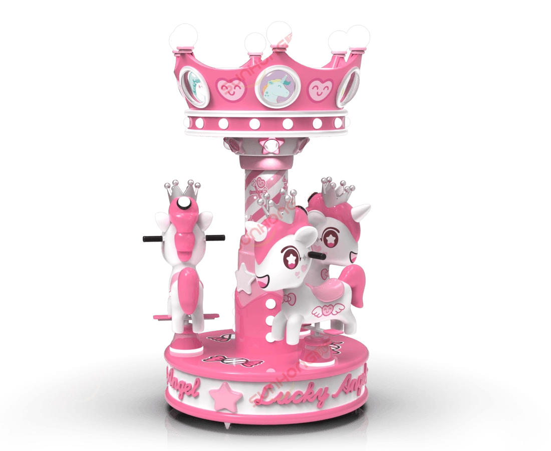 lucky-angel-3p-pink-3d-render - SUNHONG Pink Lucky Angel 3P - карусель для детей с тремя лошадками на продажу, 3D-рендеринг - SUNHONG
